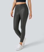 Faux Leather High Waisted Back Side Pocket Work Trousers — Shiny Dusk Black — view 2