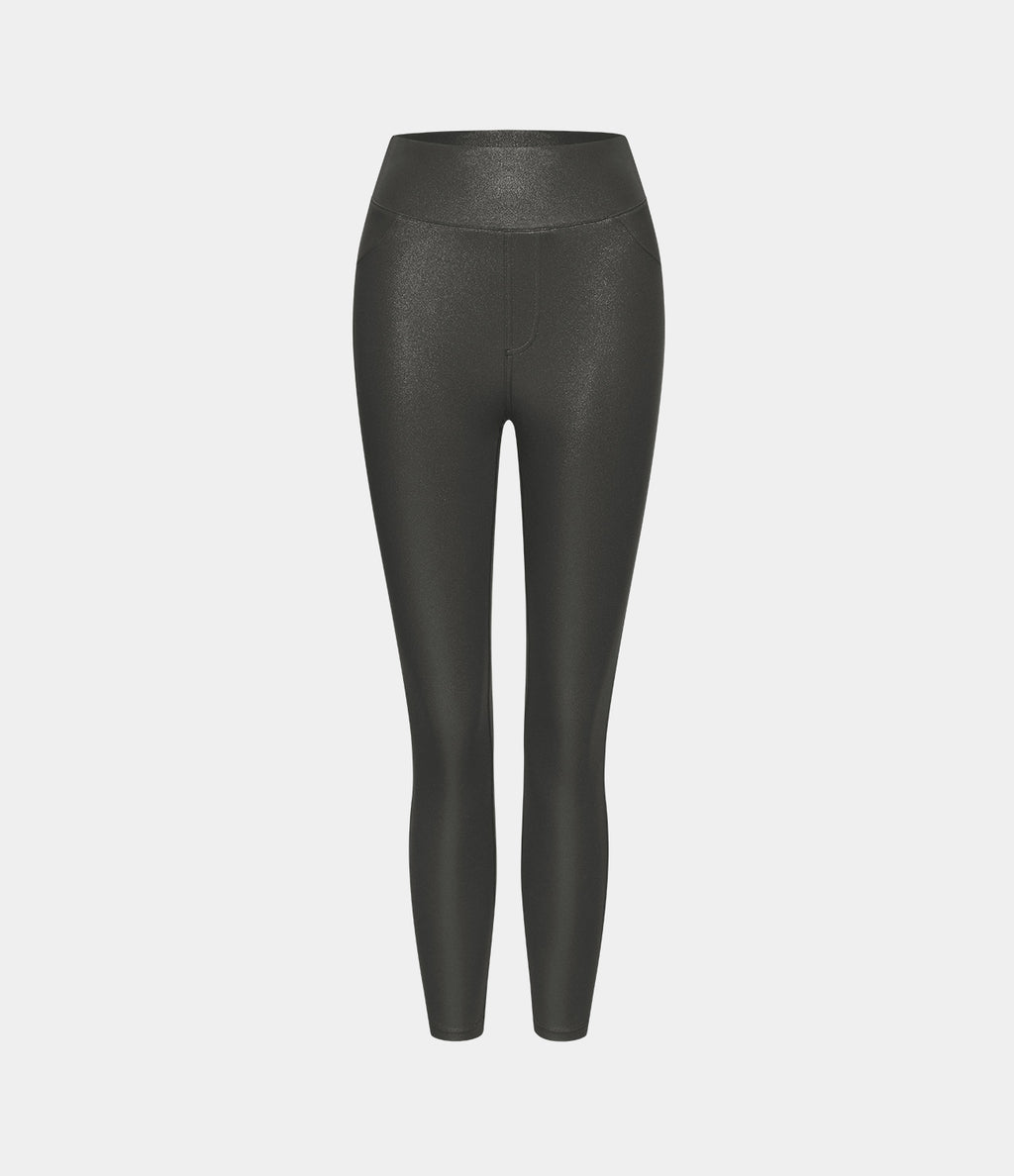 Faux Leather High Waisted Back Side Pocket Work Trousers — Shiny Dusk Black — view 7