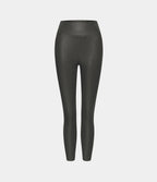 Faux Leather High Waisted Back Side Pocket Work Trousers — Shiny Dusk Black — view 7