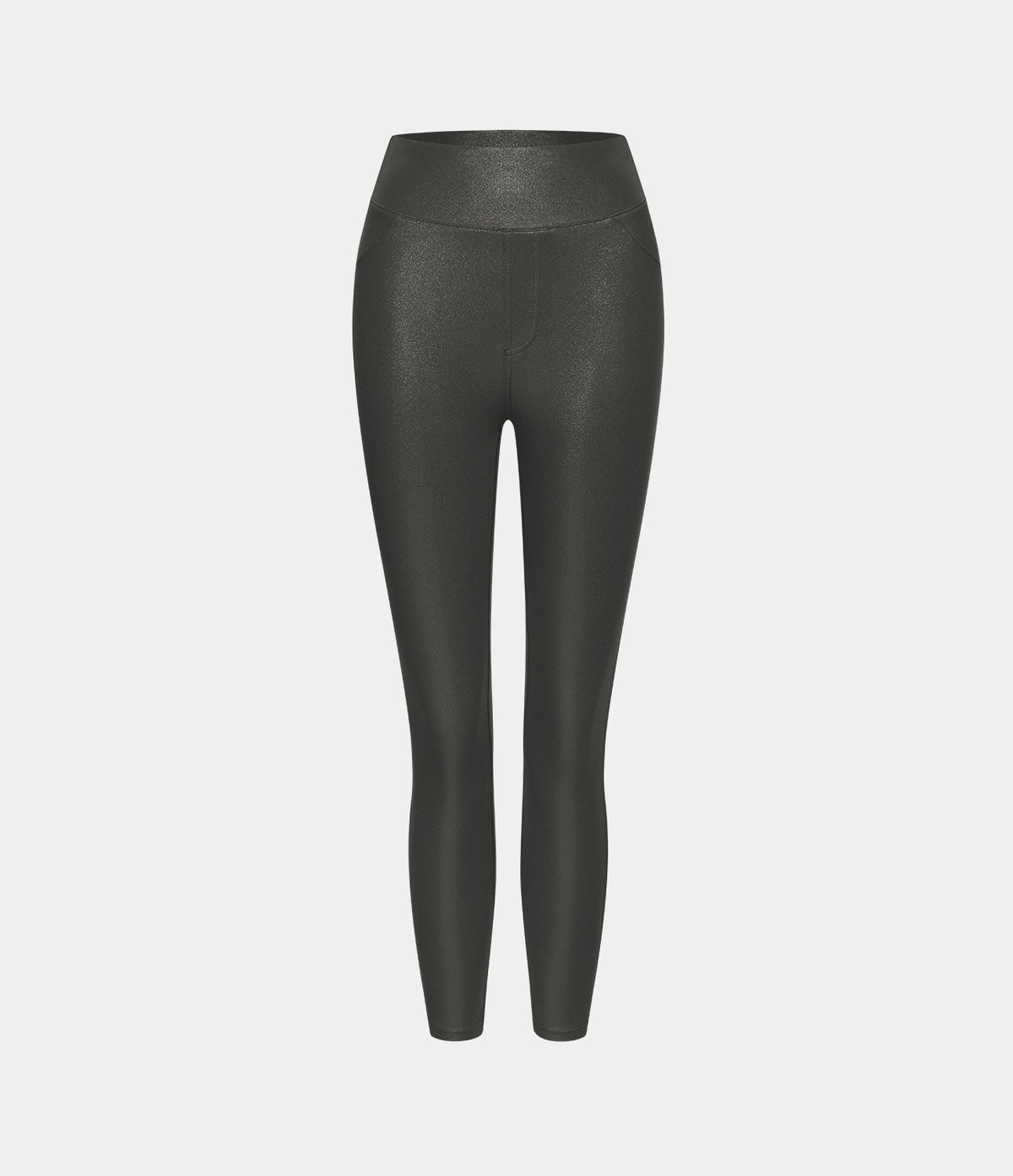 Faux Leather High Waisted Back Side Pocket Work Trousers — Shiny Dusk Black — view 7
