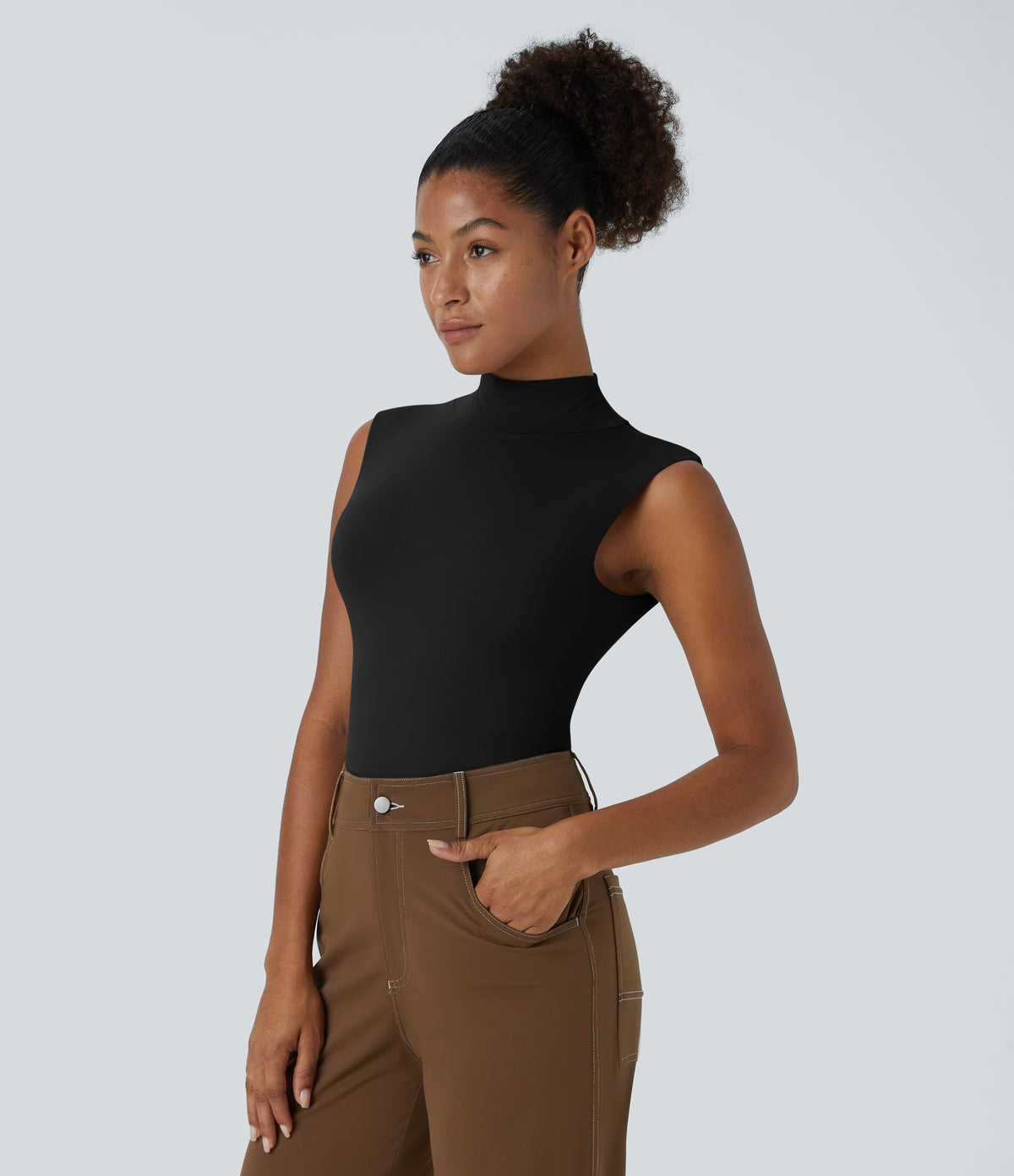 Stand Collar Sleeveless Plain Casual Bodysuit — Black — view 4