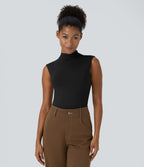 Stand Collar Sleeveless Plain Casual Bodysuit — Black — view 3
