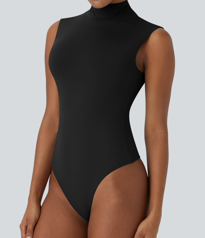 Stand Collar Sleeveless Plain Casual Bodysuit — Black — view 1