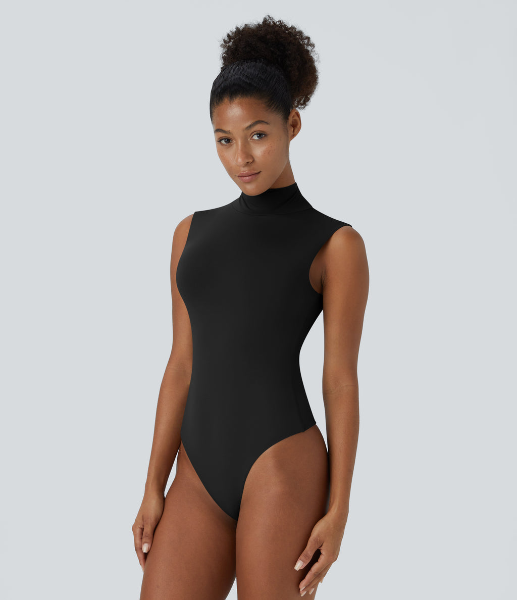 Stand Collar Sleeveless Plain Casual Bodysuit — Black — view 2