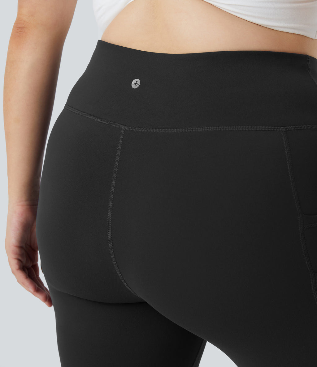 High Waisted Double Pockets Plus Size Plain Yoga 7/8 Leggings — Black — view 5