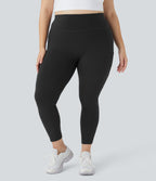 High Waisted Double Pockets Plus Size Plain Yoga 7/8 Leggings — Black — view 1
