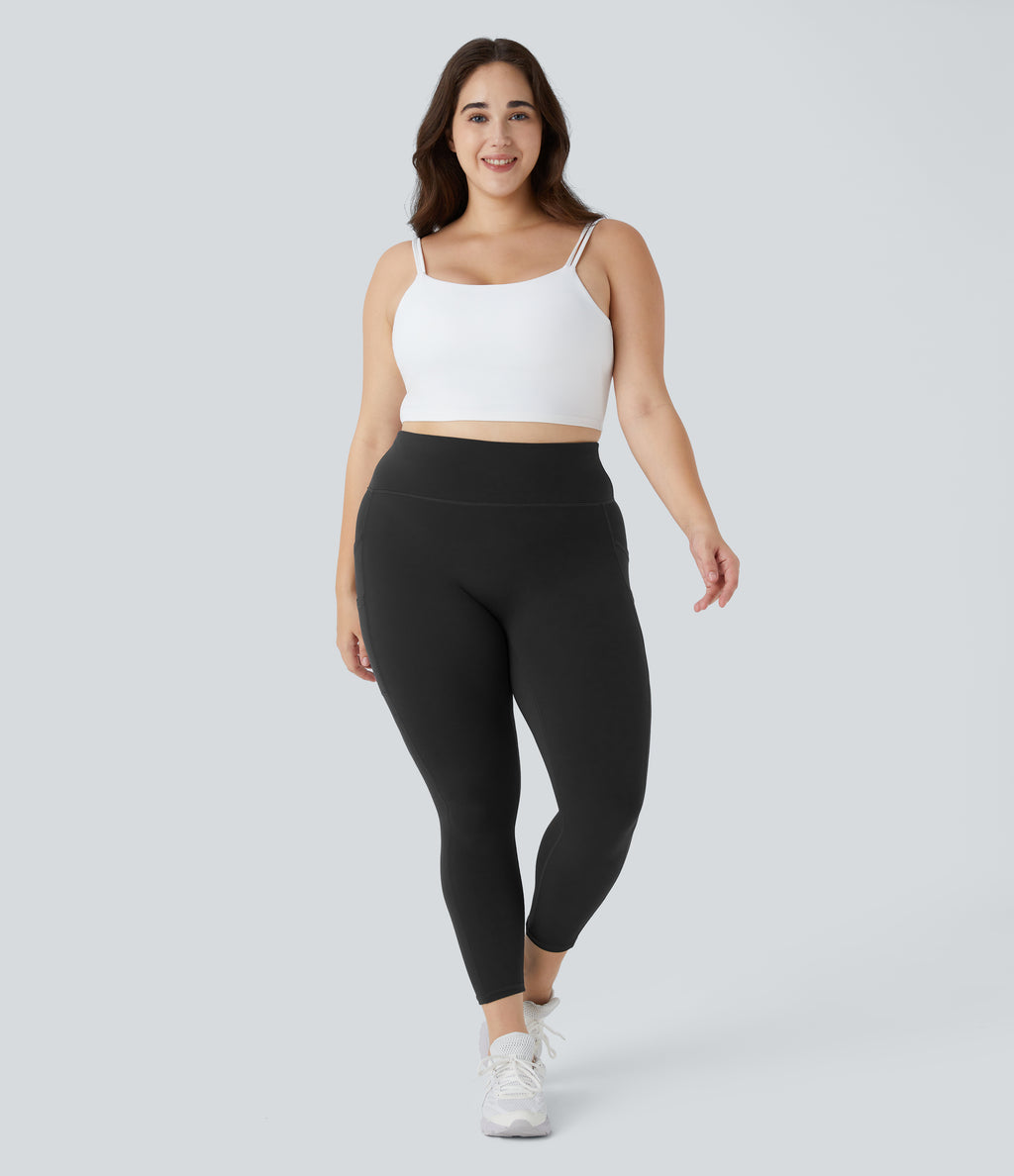 High Waisted Double Pockets Plus Size Plain Yoga 7/8 Leggings — Black — view 6