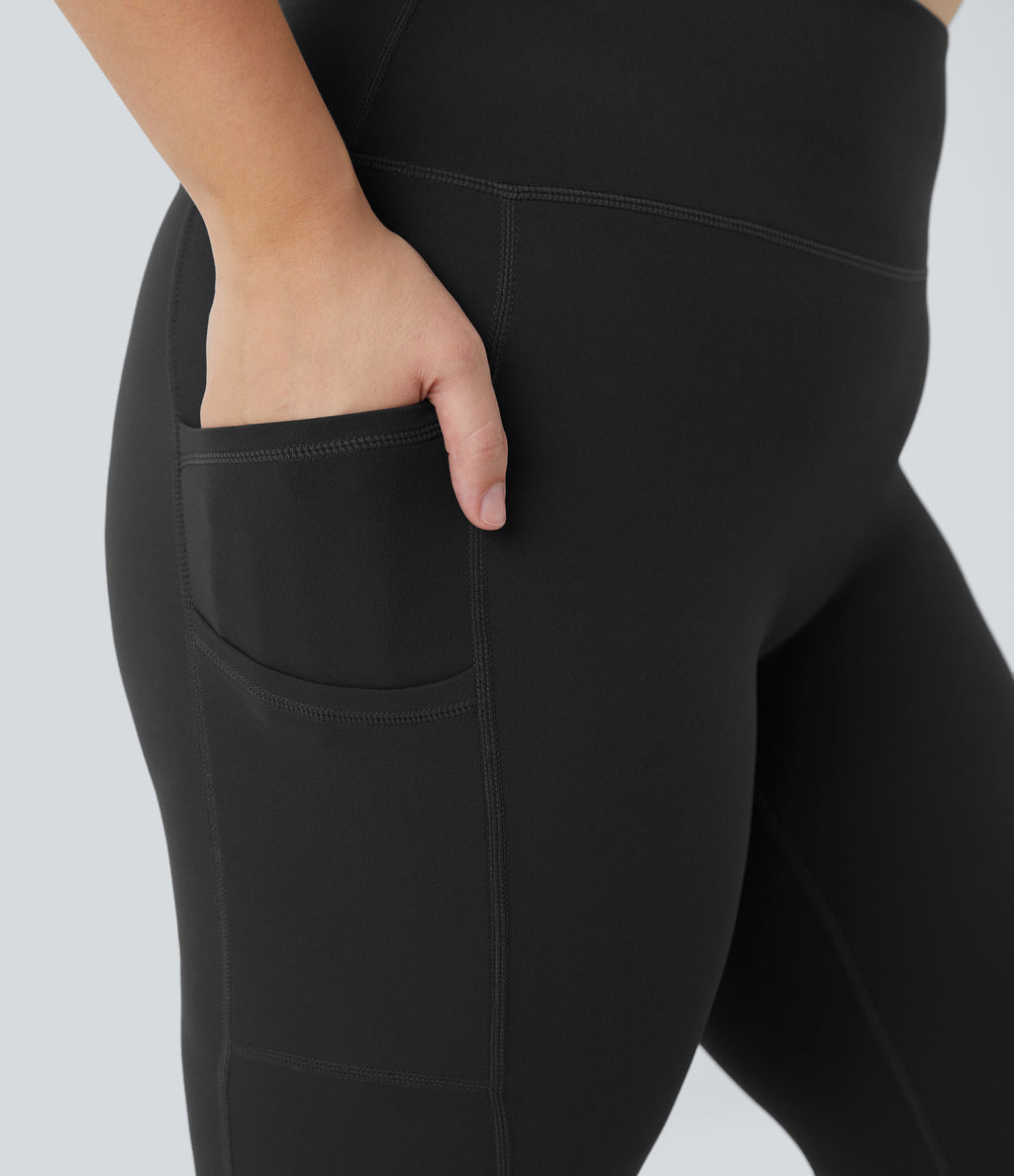 High Waisted Double Pockets Plus Size Plain Yoga 7/8 Leggings — Black — view 4