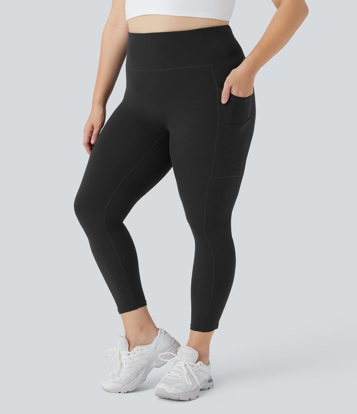 High Waisted Double Pockets Plus Size Plain Yoga 7/8 Leggings — Black — view 3