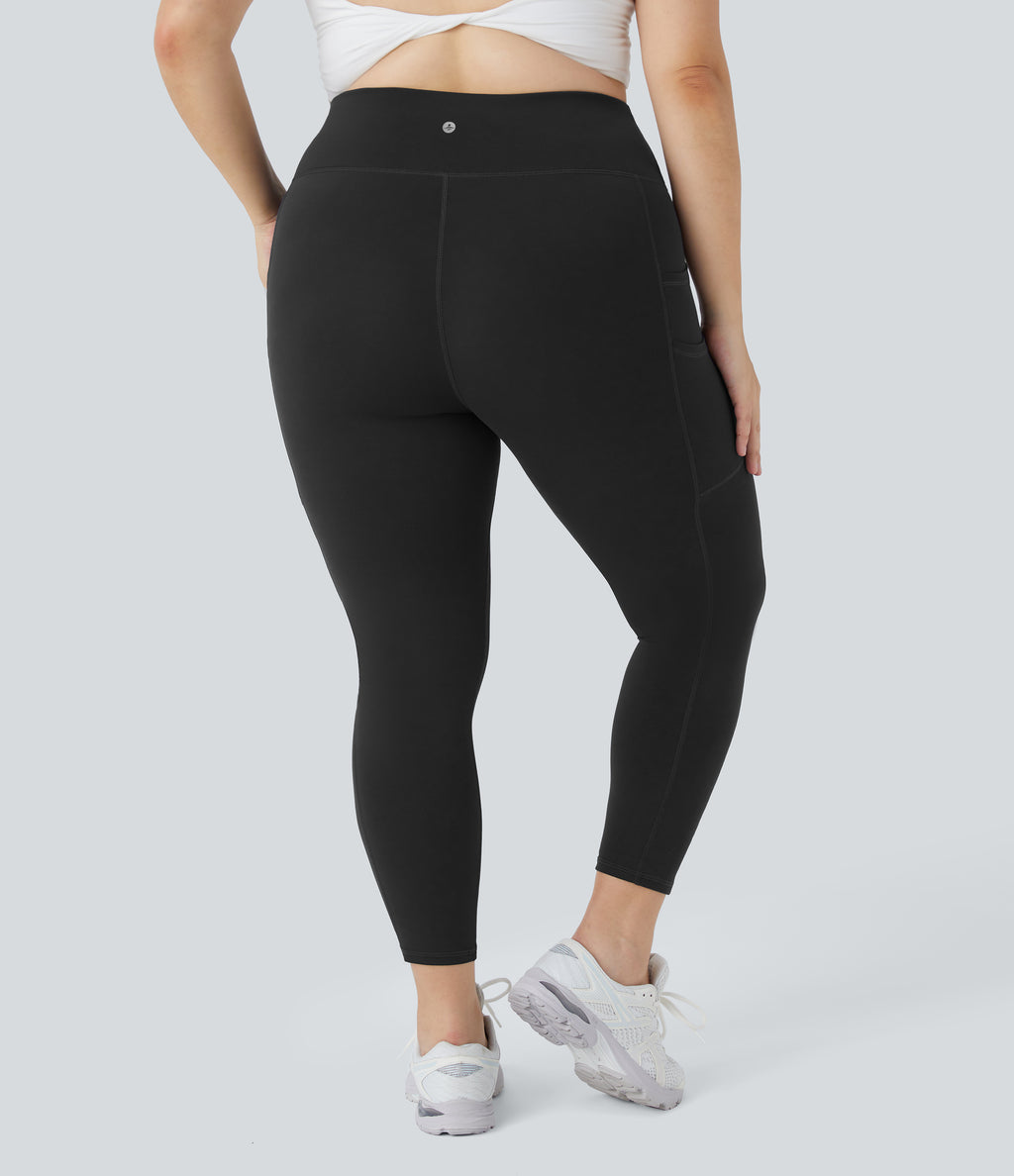 High Waisted Double Pockets Plus Size Plain Yoga 7/8 Leggings — Black — view 2