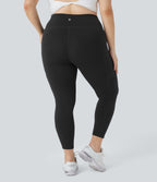 High Waisted Double Pockets Plus Size Plain Yoga 7/8 Leggings — Black — view 2