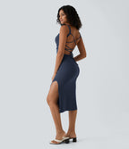 Ruched Backless Crisscross Lace Up Split Bodycon Midi Casual Dress — Mood Indigo — view 6