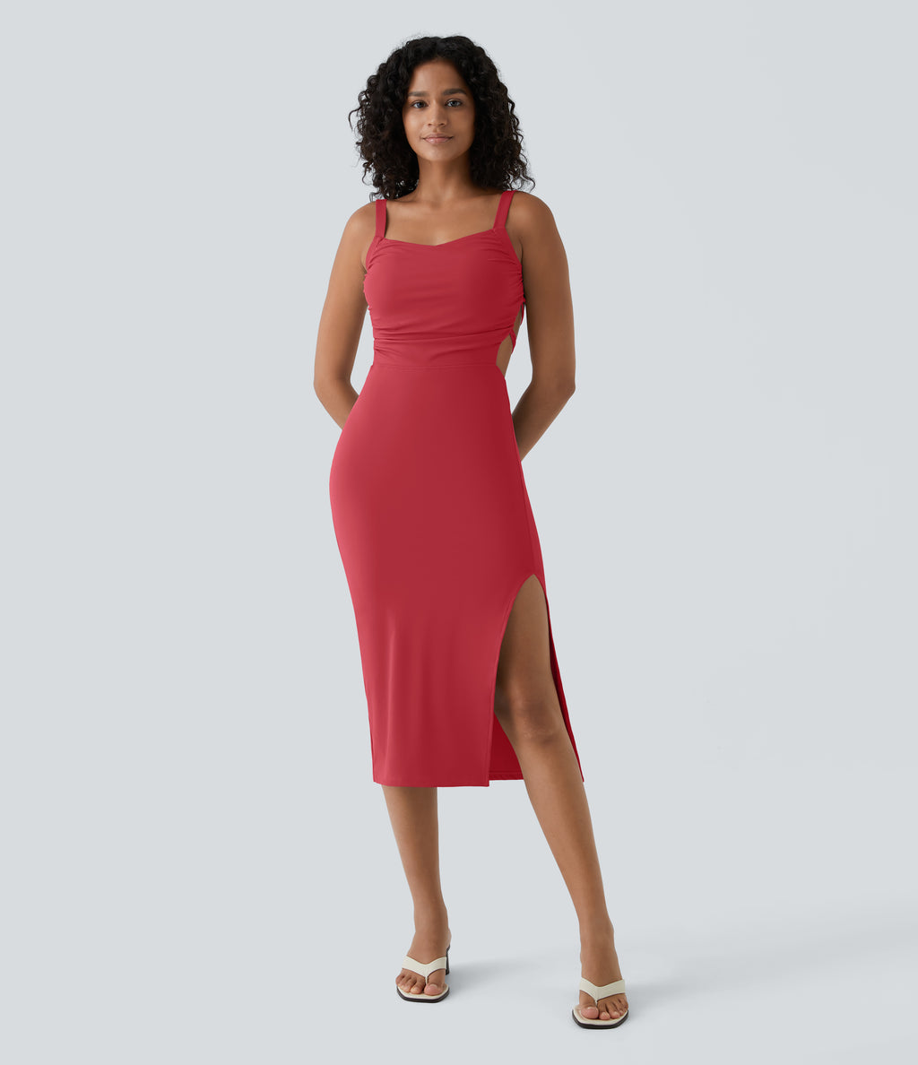 Ruched Backless Crisscross Lace Up Split Bodycon Midi Casual Dress — Winterberry — view 2