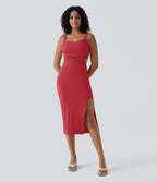 Ruched Backless Crisscross Lace Up Split Bodycon Midi Casual Dress — Winterberry — view 2