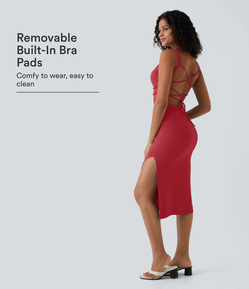 Ruched Backless Crisscross Lace Up Split Bodycon Midi Casual Dress — Winterberry — view 1