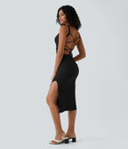 Ruched Backless Crisscross Lace Up Split Bodycon Midi Casual Dress — Black — view 5