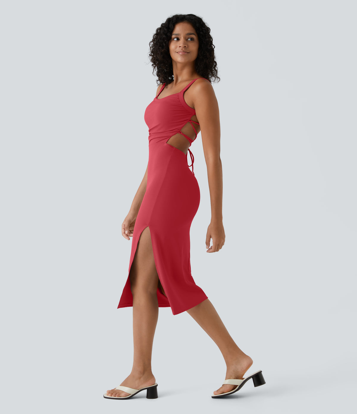 Ruched Backless Crisscross Lace Up Split Bodycon Midi Casual Dress — Winterberry — view 3