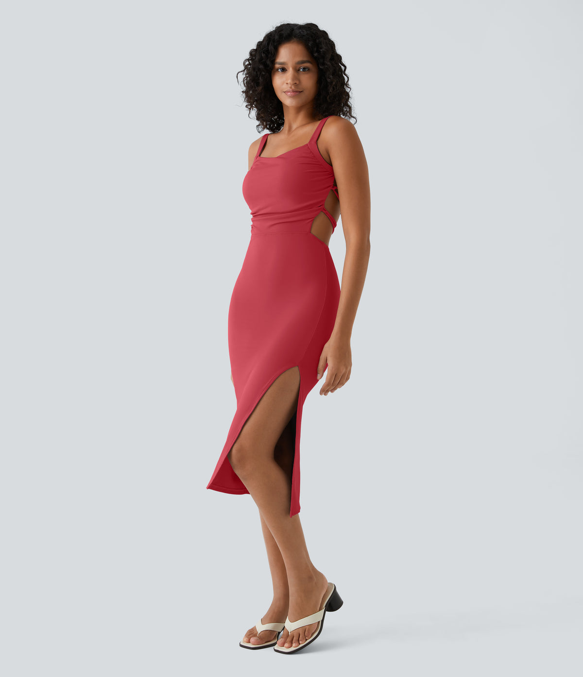 Ruched Backless Crisscross Lace Up Split Bodycon Midi Casual Dress — Winterberry — view 4