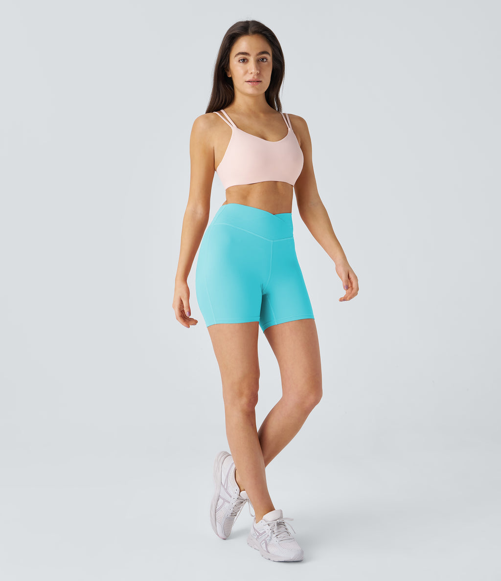 Plush High Waisted Crossover Ruched Yoga Shorts 5'' — Baroque Blue — view 6