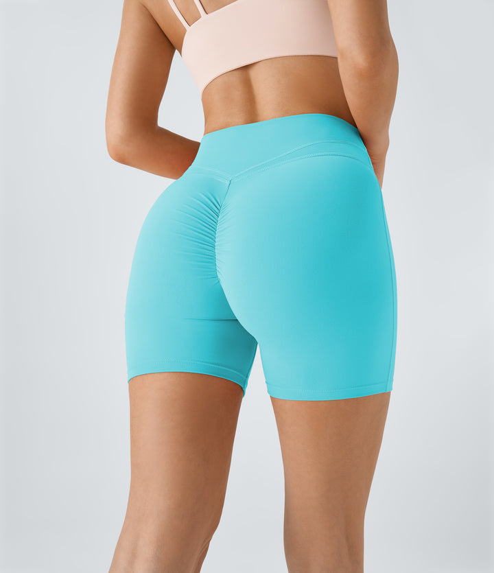 Plush High Waisted Crossover Ruched Yoga Shorts 5'' — Baroque Blue — view 1