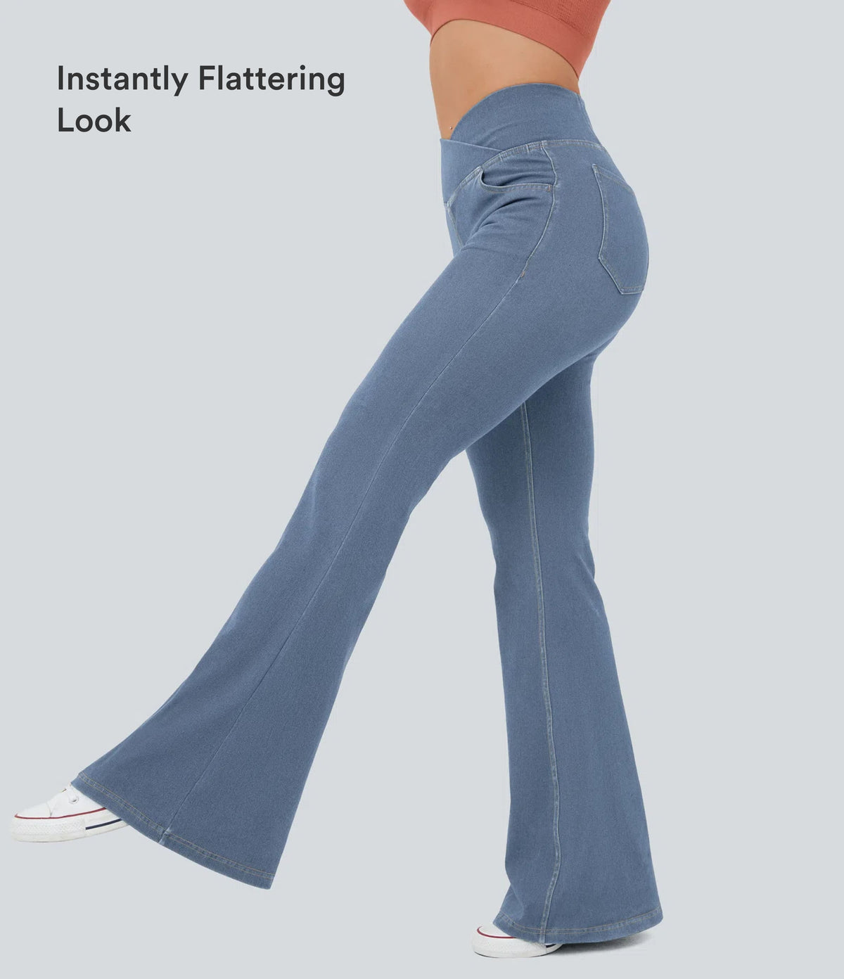 High Waisted Crossover Pocket InstantCool Washed Casual Jeans — Pastel Blue Denim — view 7
