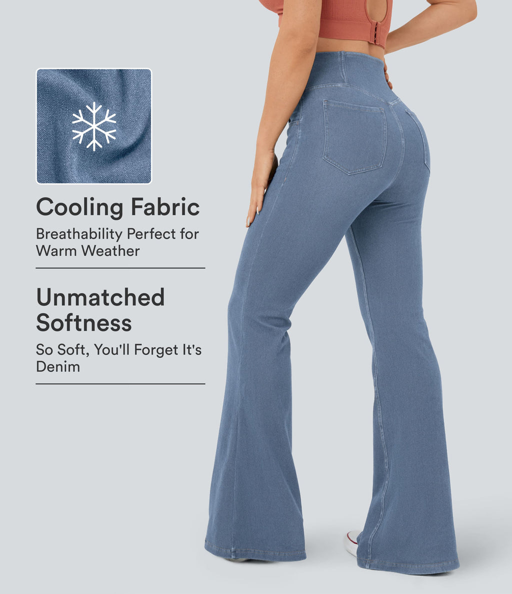 High Waisted Crossover Pocket InstantCool Washed Casual Jeans — Pastel Blue Denim — view 1