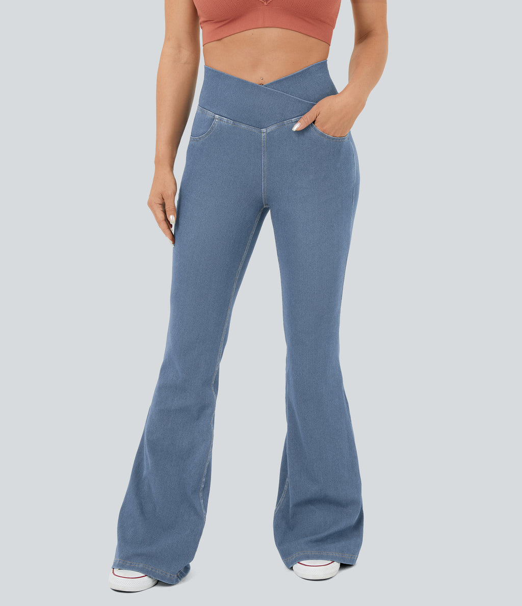 High Waisted Crossover Pocket InstantCool Washed Casual Jeans — Pastel Blue Denim — view 2