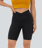 High Waisted Crossover Pocket Yoga Biker Shorts 7" — Black — view 4