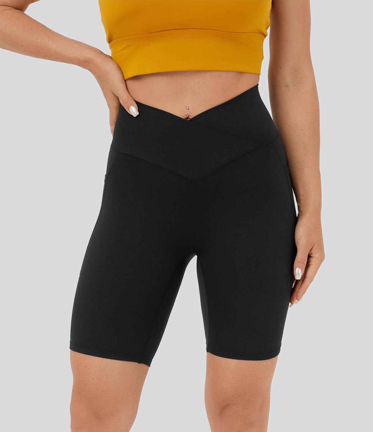 High Waisted Crossover Pocket Yoga Biker Shorts 7" — Black — view 4