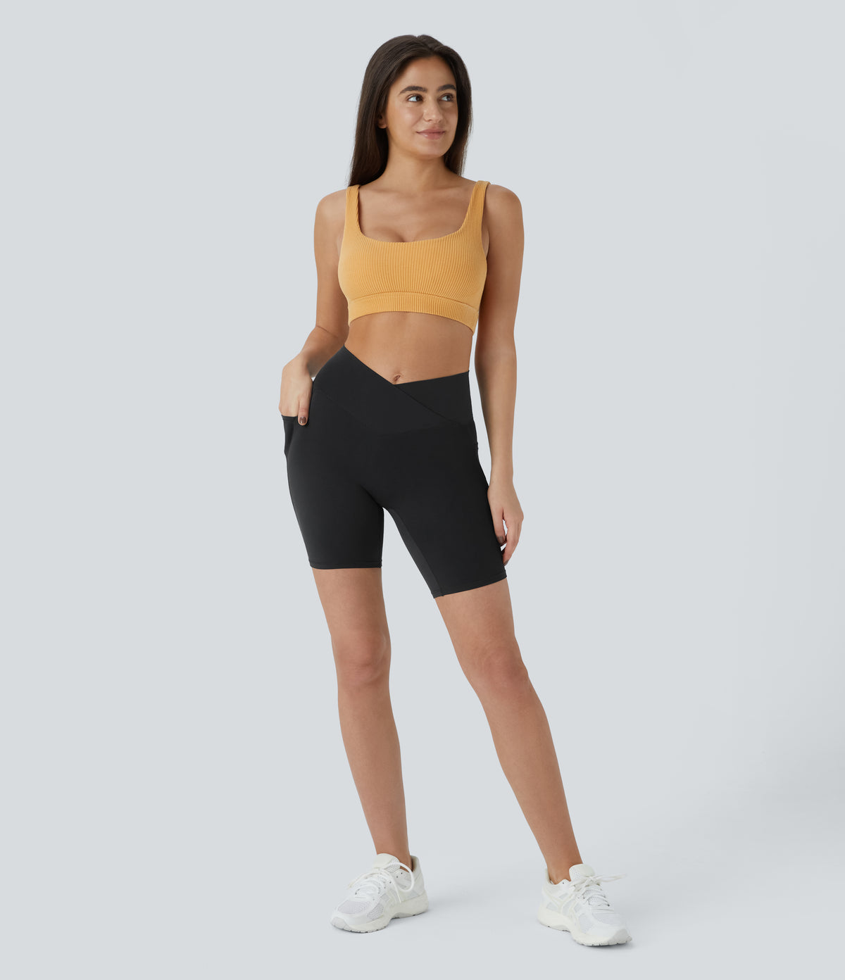 High Waisted Crossover Pocket Yoga Biker Shorts 7" — Black — view 7