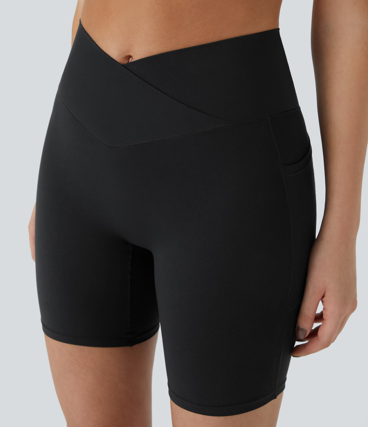 High Waisted Crossover Pocket Yoga Biker Shorts 7" — Black — view 5