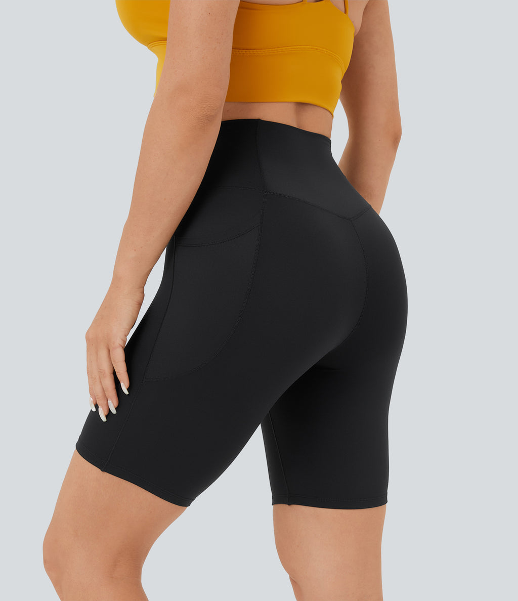 High Waisted Crossover Pocket Yoga Biker Shorts 7" — Black — view 3