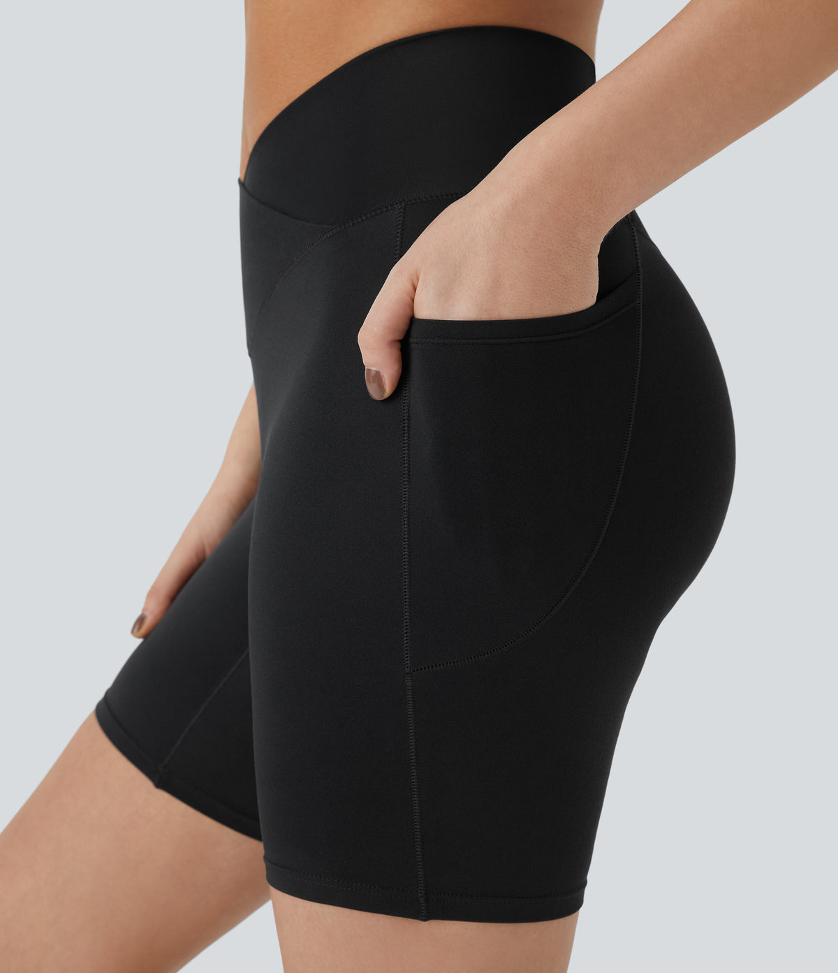 High Waisted Crossover Pocket Yoga Biker Shorts 7" — Black — view 6