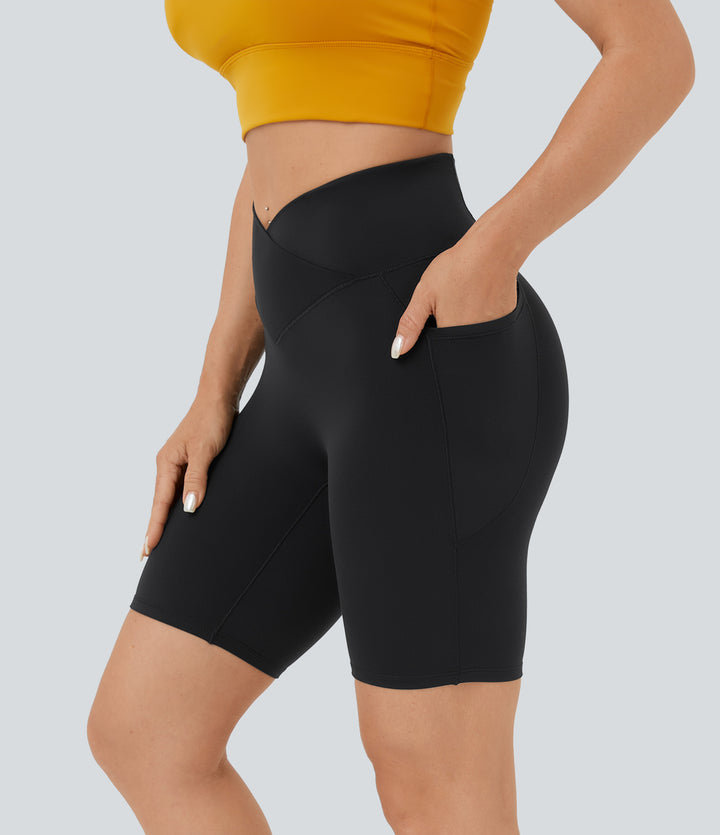 High Waisted Crossover Pocket Yoga Biker Shorts 7" — Black — view 1