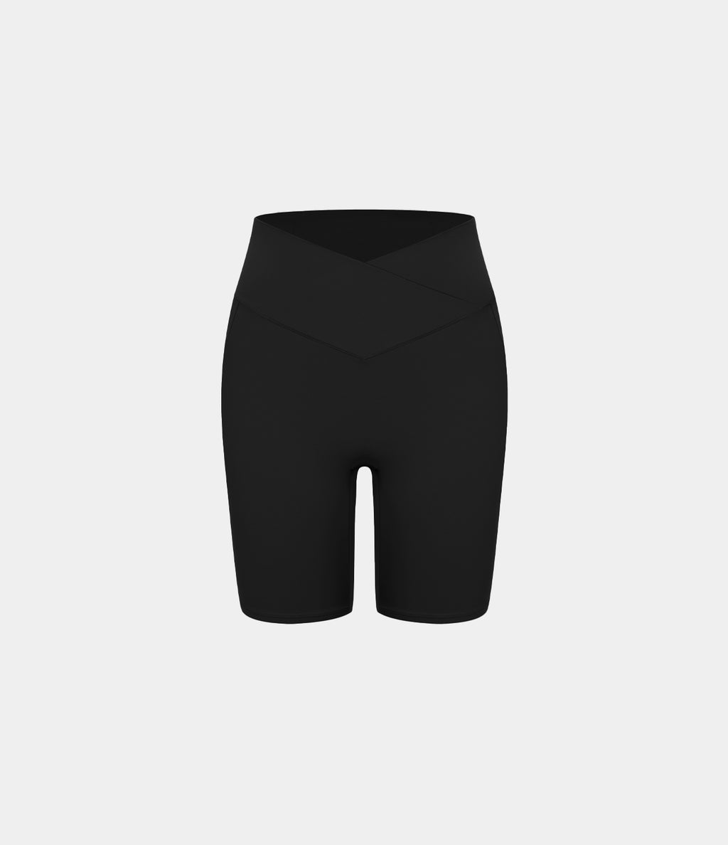 High Waisted Crossover Pocket Yoga Biker Shorts 7" — Black — view 8