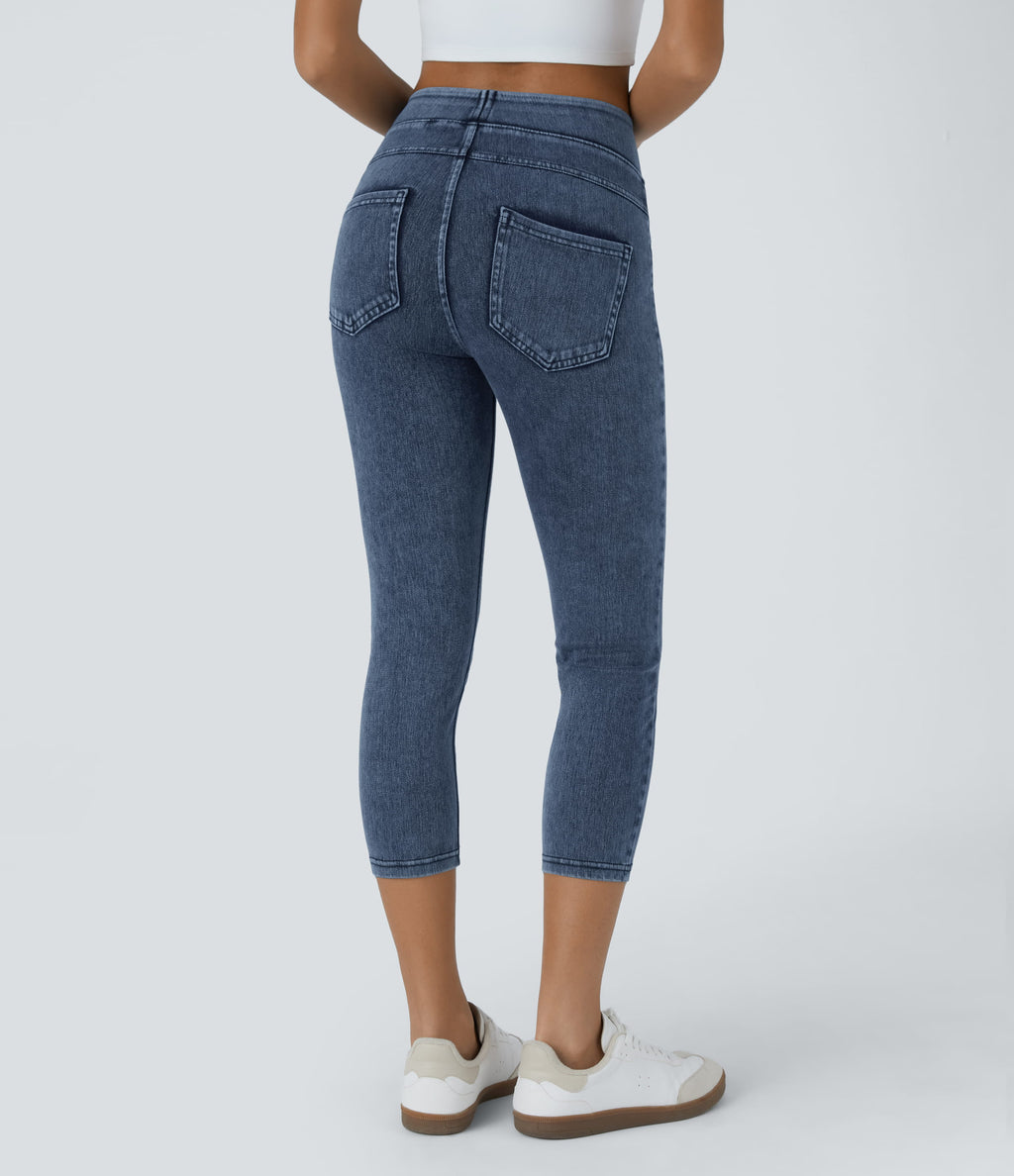 High Waisted Pocket Denim Capri Casual Leggings — Washed Denim Bleached Blue — view 2