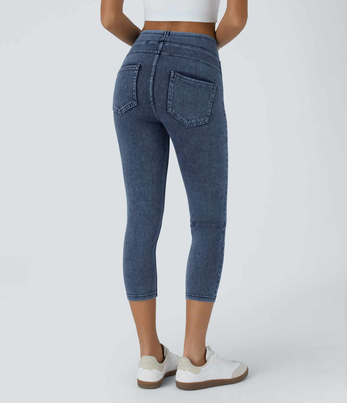High Waisted Pocket Denim Capri Casual Leggings — Washed Denim Bleached Blue — view 2