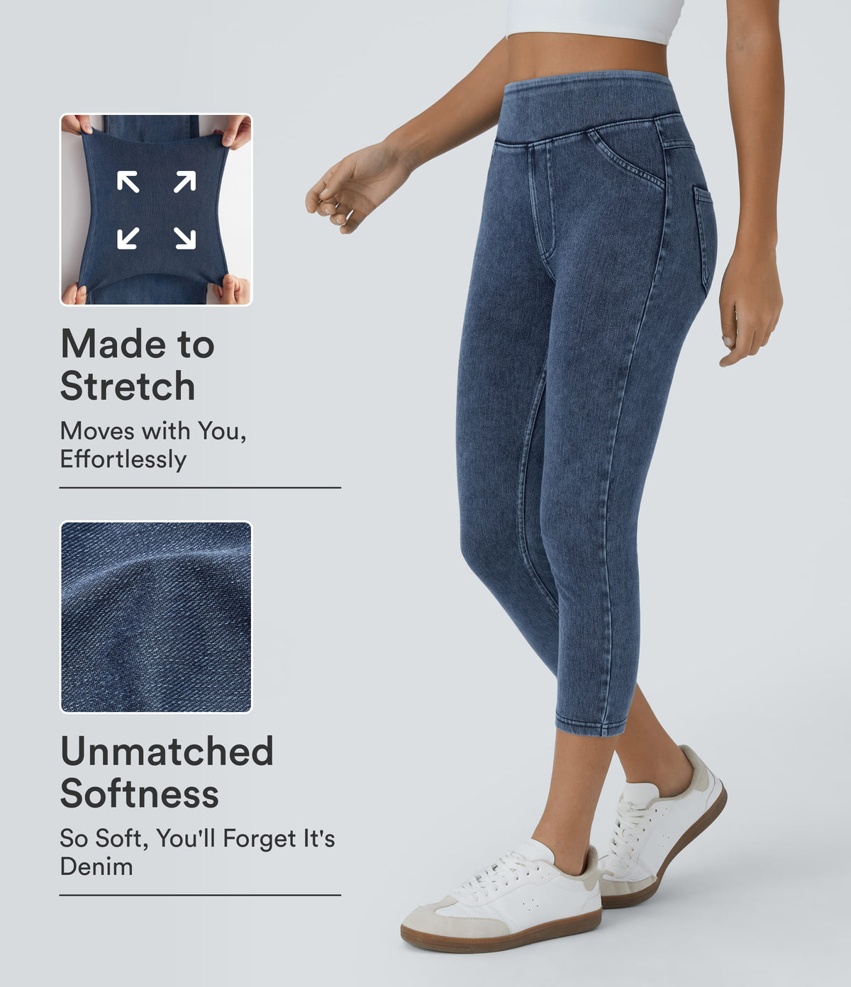 High Waisted Pocket Denim Capri Casual Leggings — Washed Denim Bleached Blue — view 1