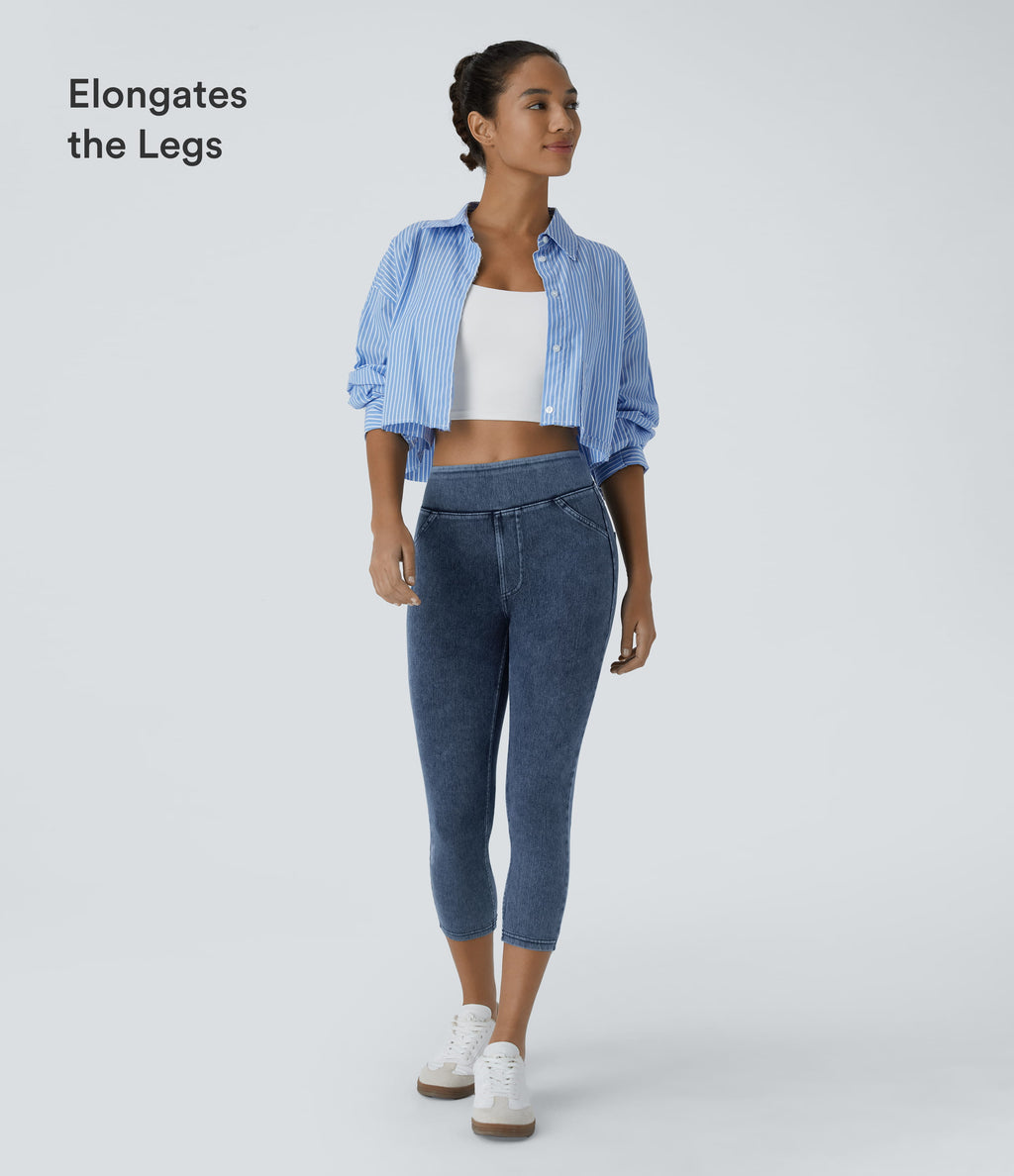 High Waisted Pocket Denim Capri Casual Leggings — Washed Denim Bleached Blue — view 6