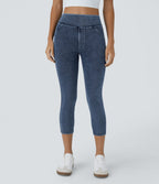 High Waisted Pocket Denim Capri Casual Leggings — Washed Denim Bleached Blue — view 3