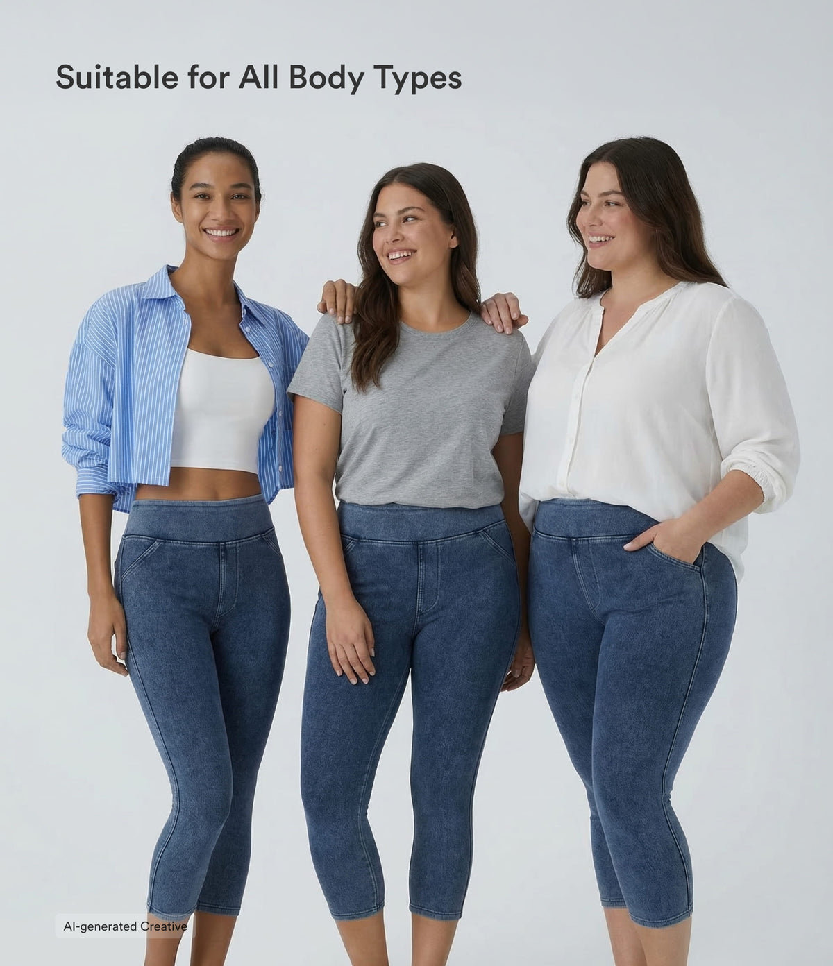High Waisted Pocket Denim Capri Casual Leggings — Washed Denim Bleached Blue — view 7