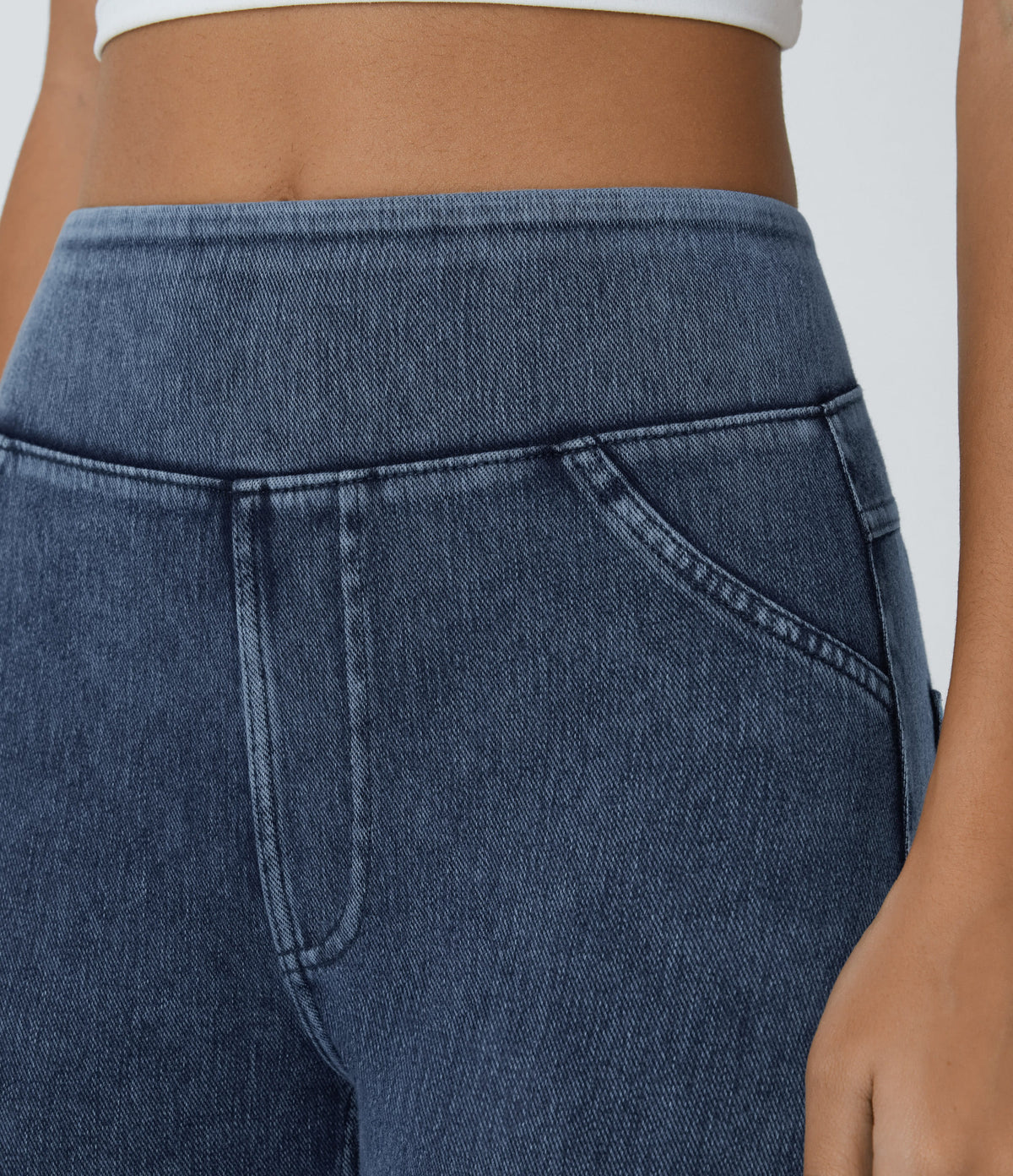 High Waisted Pocket Denim Capri Casual Leggings — Washed Denim Bleached Blue — view 8