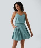 Cut Out Pocket Pleated Mini Quick Dry Casual Dress — Stone Blue — view 2