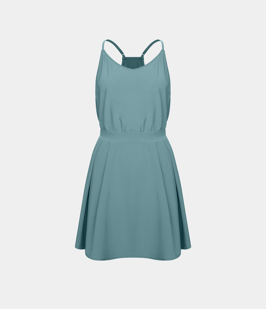 Cut Out Pocket Pleated Mini Quick Dry Casual Dress — Stone Blue — view 7