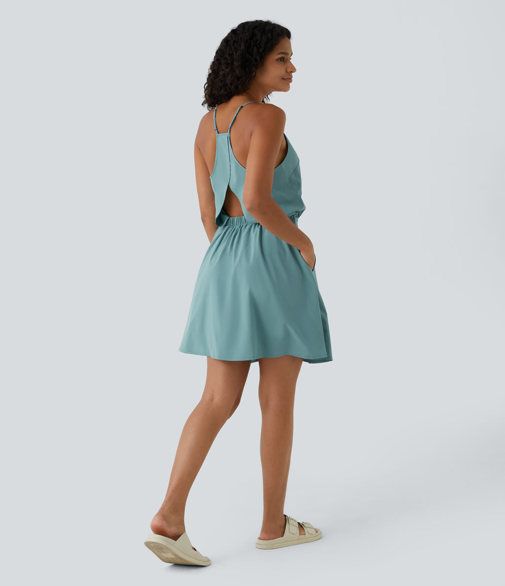 Cut Out Pocket Pleated Mini Quick Dry Casual Dress — Stone Blue — view 6