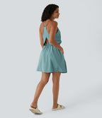 Cut Out Pocket Pleated Mini Quick Dry Casual Dress — Stone Blue — view 6