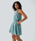 Cut Out Pocket Pleated Mini Quick Dry Casual Dress — Stone Blue — view 3