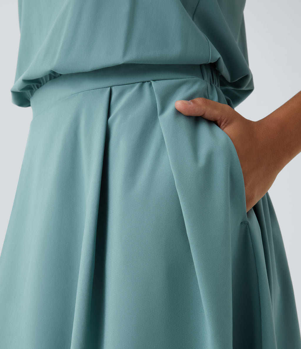 Cut Out Pocket Pleated Mini Quick Dry Casual Dress — Stone Blue — view 5