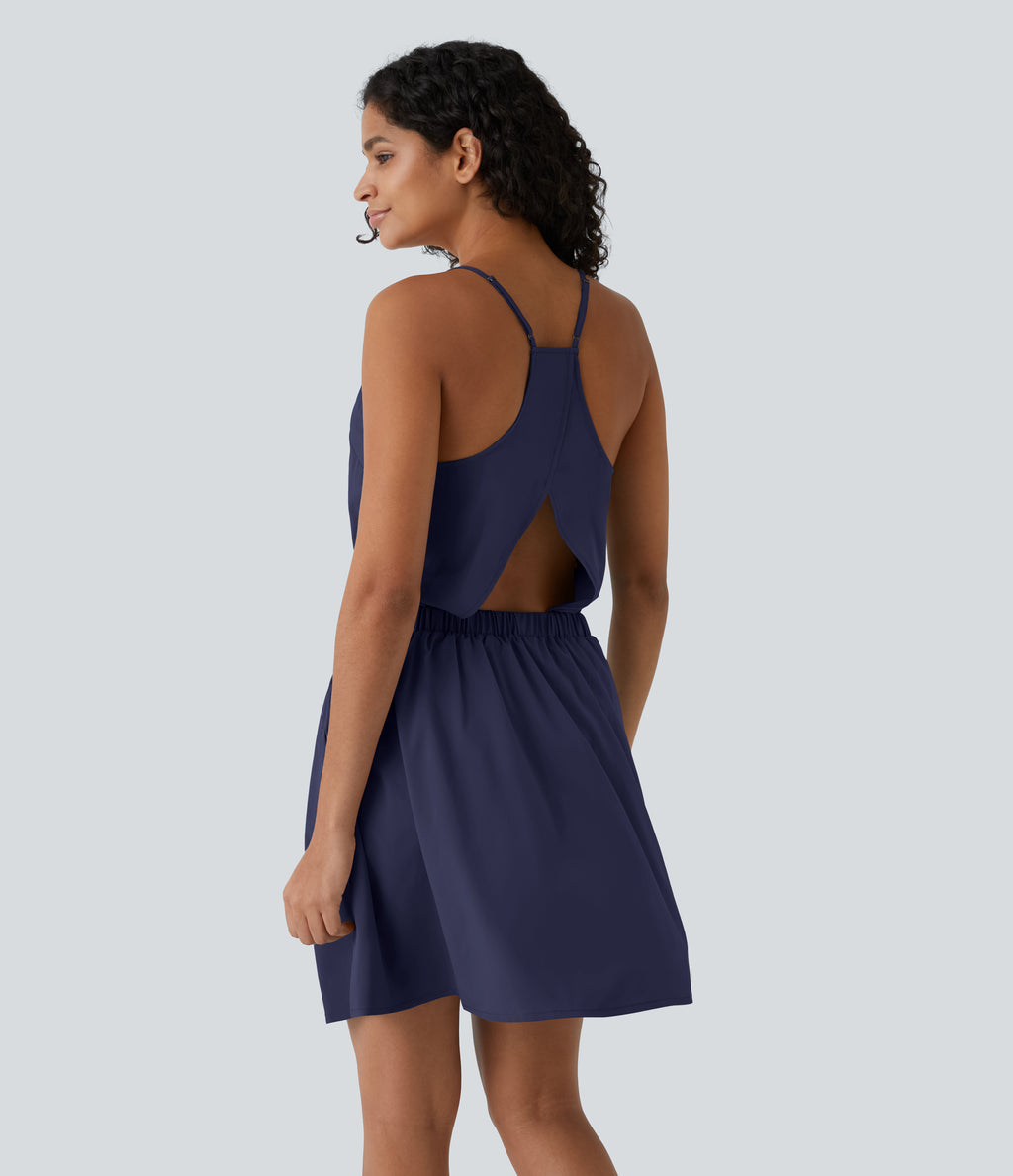 Cut Out Pocket Pleated Mini Quick Dry Casual Dress — Patriot Blue — view 9