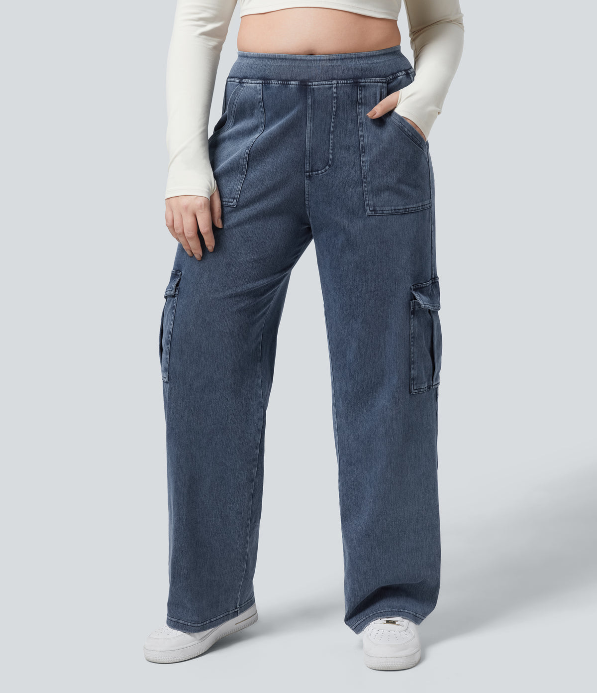 Mid Rise Pockets Straight Leg Plus Size Casual Cargo Jeans — Washed Denim Bleached Blue — view 5